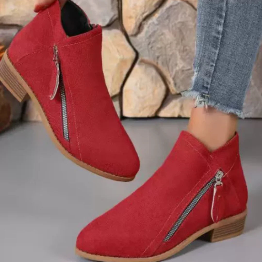 Red Women's Pointed Toe Ankle Boots — Mia Suede Zip-Up Block Heel - Hand Holding Detail