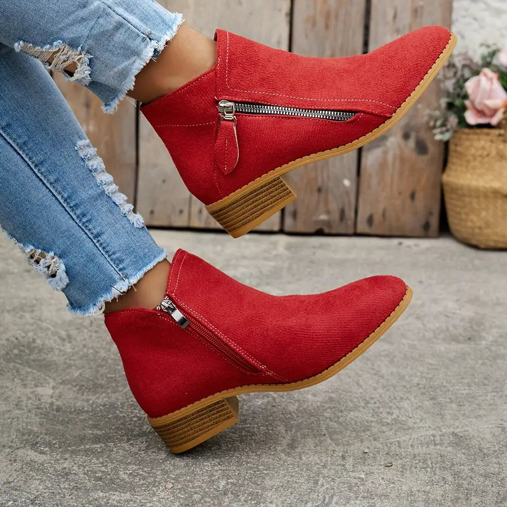 Red Women's Pointed Toe Ankle Boots — Mia Suede Zip-Up Block Heel - Leg Raised Pose