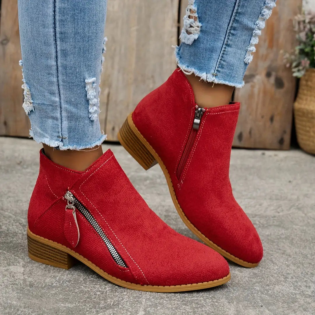 Red Women's Pointed Toe Ankle Boots — Mia Suede Zip-Up Block Heel - Standing Front