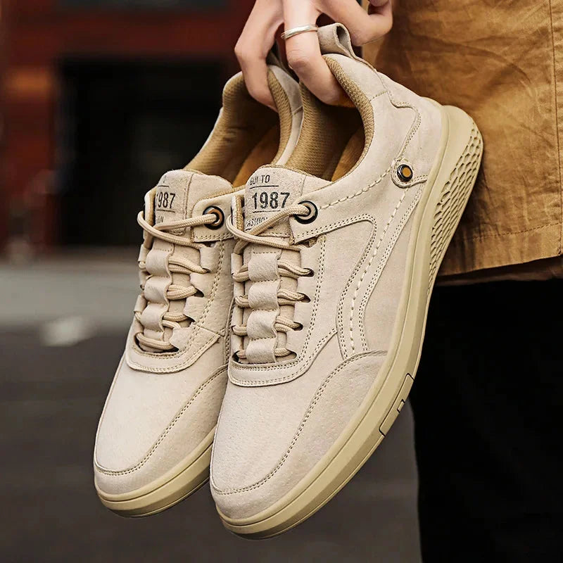 Beige Men's Casual Low-Top Sneakers — Zelda Suede Lace-Up Cushioned - Hand Holding Pair Casual