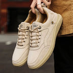 Beige Men's Casual Low-Top Sneakers — Zelda Suede Lace-Up Cushioned - Hand Holding Pair Casual