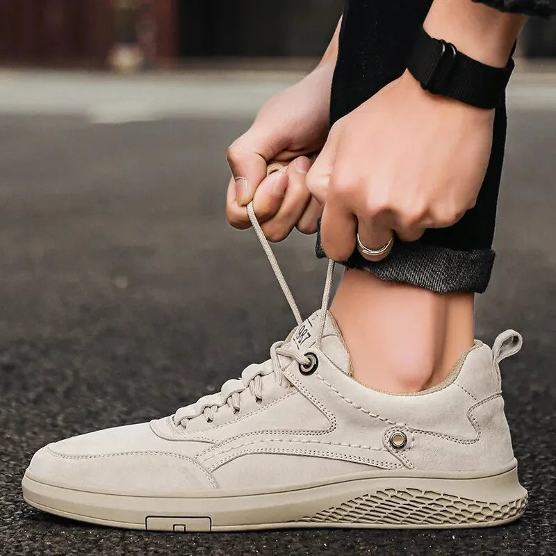 Beige Men's Casual Low-Top Sneakers — Zelda Suede Lace-Up Cushioned - Lace Tie Detail Hand