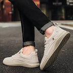 Beige Men's Casual Low-Top Sneakers — Zelda Suede Lace-Up Cushioned - Worn Ankle Flex Motion