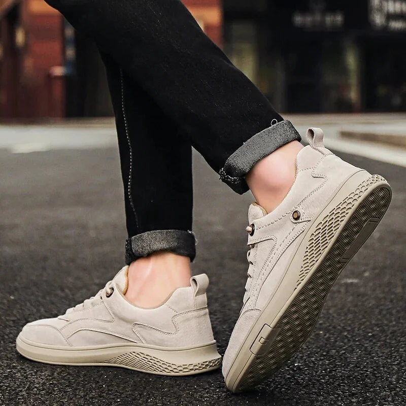 Beige Men's Casual Low-Top Sneakers — Zelda Suede Lace-Up Cushioned - Worn Ankle Flex Motion