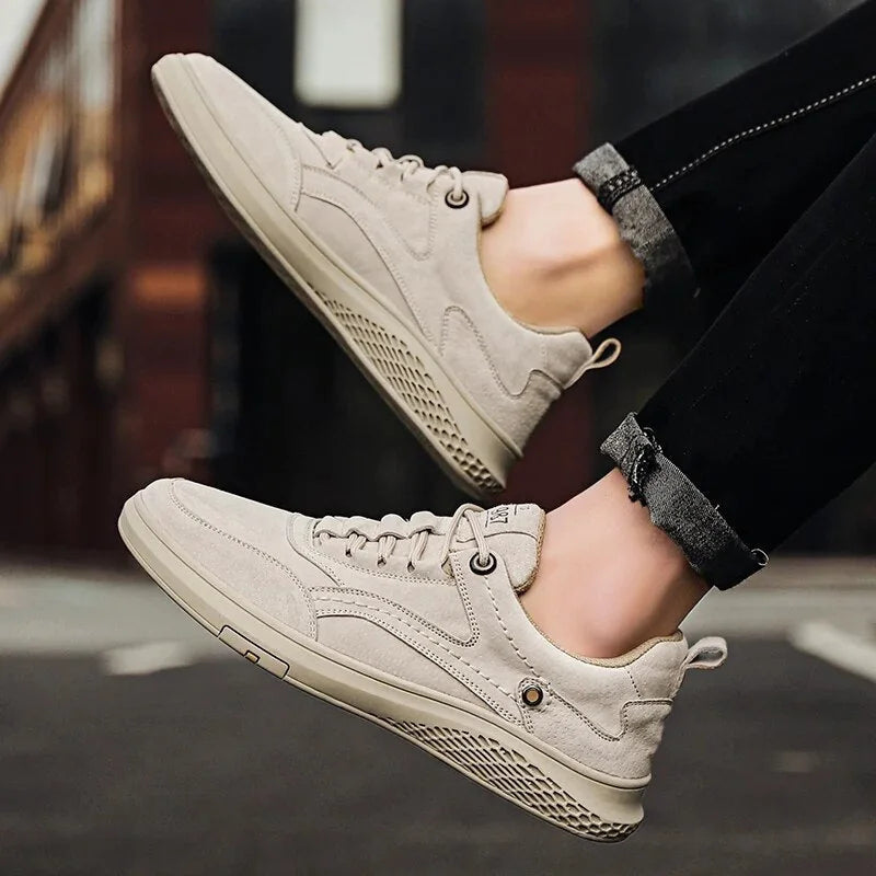 Beige Men's Casual Low-Top Sneakers — Zelda Suede Lace-Up Cushioned - Worn Jump Pose Air