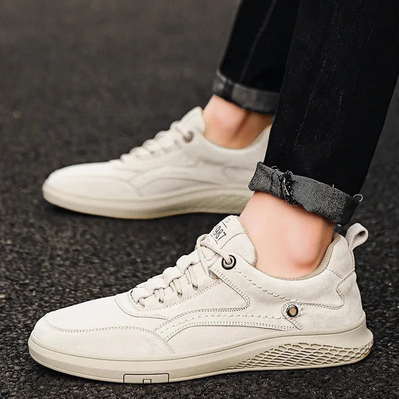 Beige Men's Casual Low-Top Sneakers — Zelda Suede Lace-Up Cushioned - Worn Side Profile Closeup