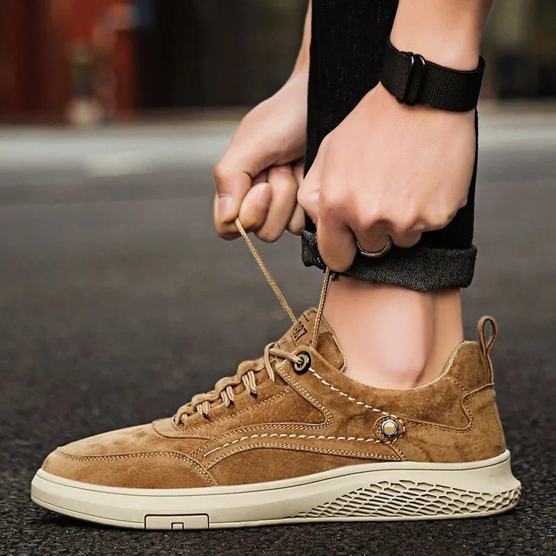 Brown Men's Casual Low-Top Sneakers — Zelda Suede Lace-Up Cushioned - Lace Tie Detail Closeup