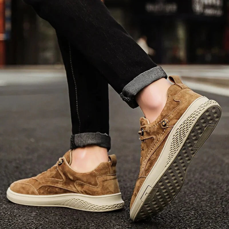 Brown Men's Casual Low-Top Sneakers — Zelda Suede Lace-Up Cushioned - Worn Ankle Flex Side