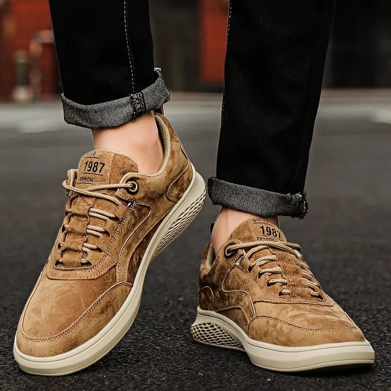 Brown Men's Casual Low-Top Sneakers — Zelda Suede Lace-Up Cushioned - Worn Close Up Front View