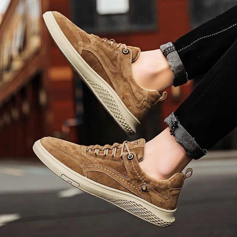 Brown Men's Casual Low-Top Sneakers — Zelda Suede Lace-Up Cushioned - Worn Jump Pose Side