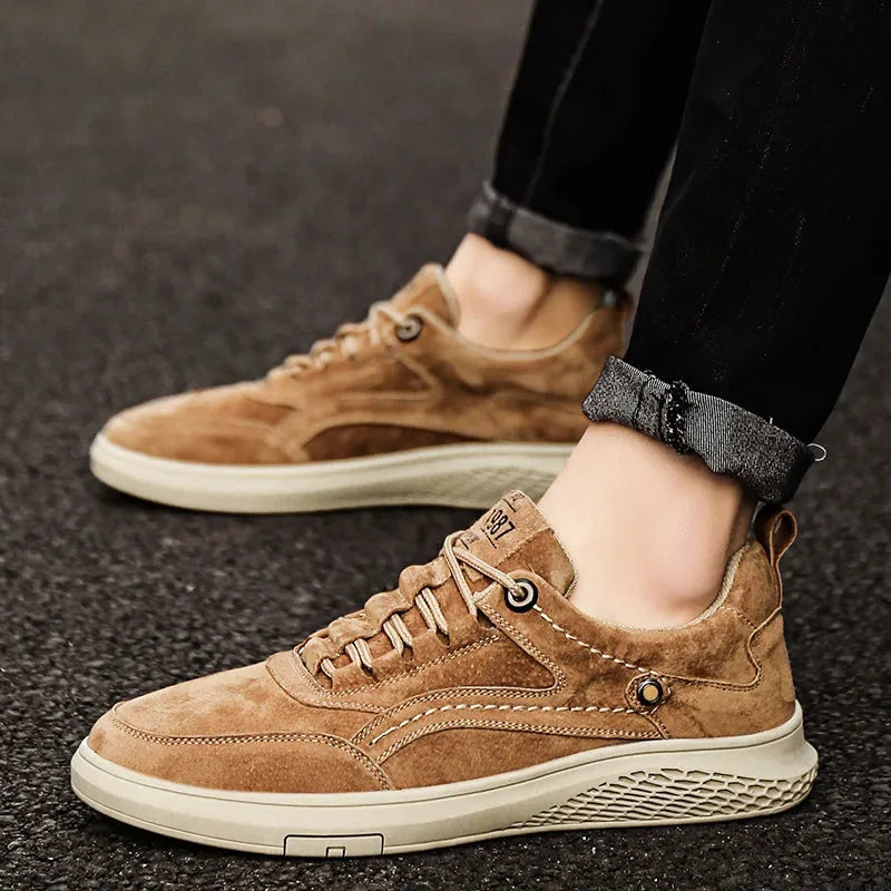 Brown Men's Casual Low-Top Sneakers — Zelda Suede Lace-Up Cushioned - Worn Side Angle Detail