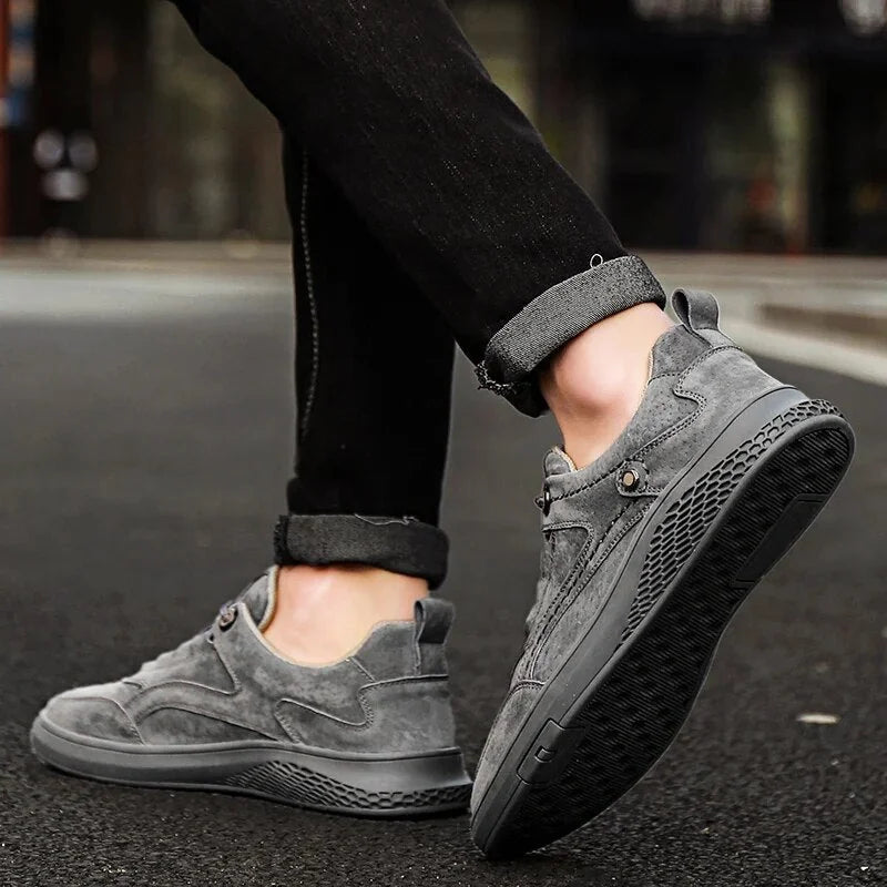 Gray Men's Casual Low-Top Sneakers — Zelda Suede Lace-Up Cushioned - Worn Heel Lift Motion