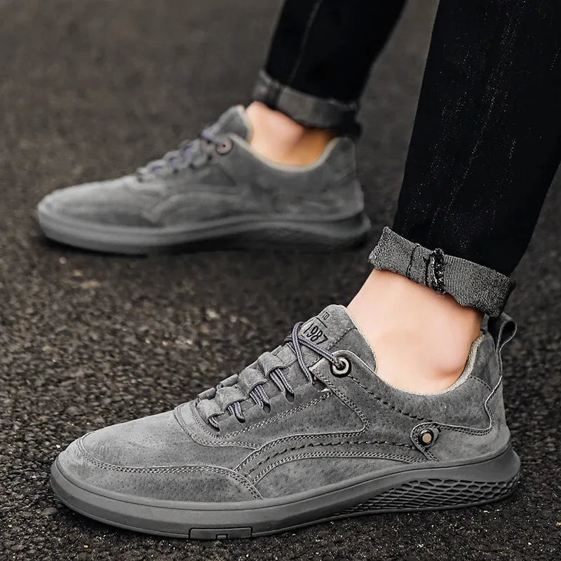 Gray Men's Casual Low-Top Sneakers — Zelda Suede Lace-Up Cushioned - Worn Side Profile Street