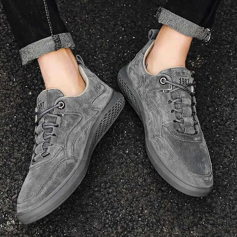 Gray Men's Casual Low-Top Sneakers — Zelda Suede Lace-Up Cushioned - Worn Top Down View