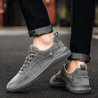 Gray Men's Casual Low-Top Sneakers — Zelda Suede Lace-Up Cushioned - Worn Walking Side Angle