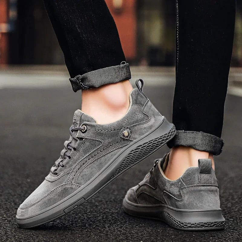 Gray Men's Casual Low-Top Sneakers — Zelda Suede Lace-Up Cushioned - Worn Walking Side Angle