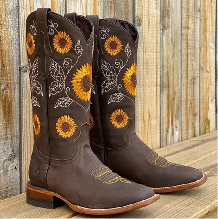 Brown Women's Sunflower Embroidered Western Boots — Bess Leather Pointed Toe Bohemian - Side Detail