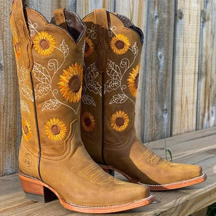 Khaki Women's Sunflower Embroidered Western Boots — Bess Leather Pointed Toe Bohemian - Front Full
