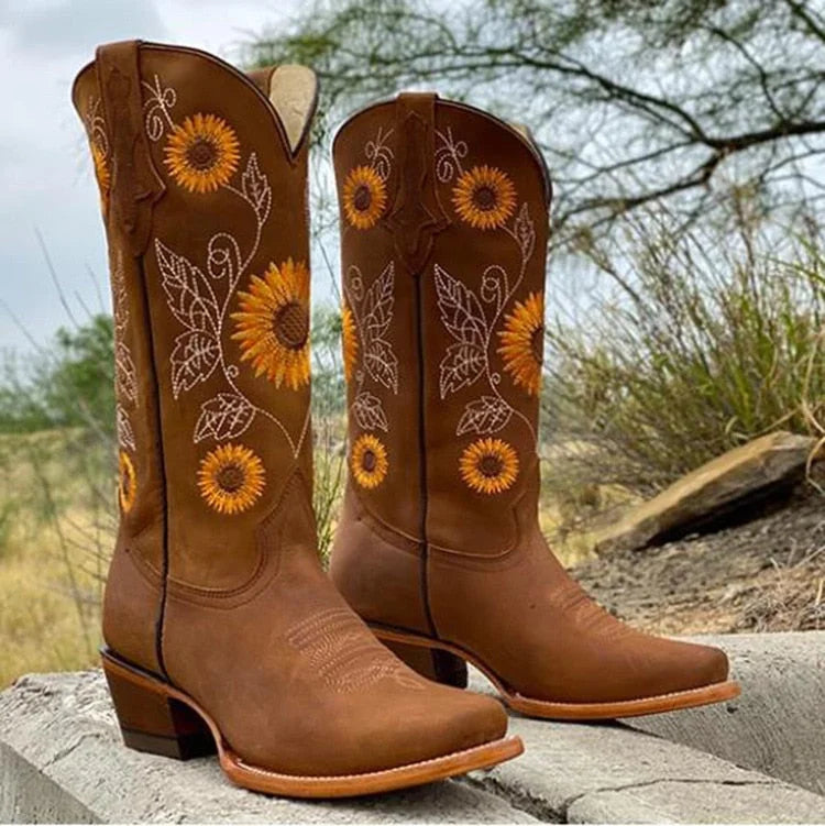 Khaki Women's Sunflower Embroidered Western Boots — Bess Leather Pointed Toe Bohemian - Outdoor Pose
