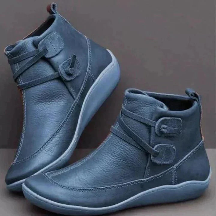 Blue Women's Supportive Leather Ankle Boots — Blythe Everyday Slip-On Wedge - Angled Studio