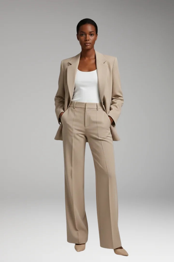 Beige Women's Straight-Leg Blazer Pantsuit — Natalia Wool-Blend One-Button Fitted - Front Full