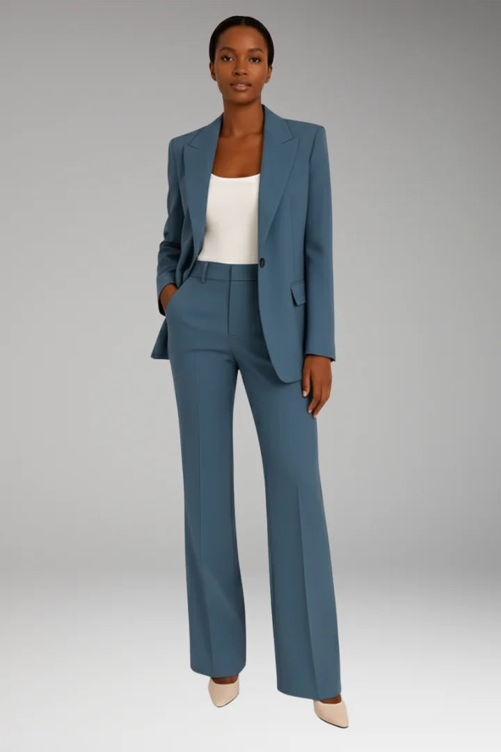 Blue Women's Straight-Leg Blazer Pantsuit — Natalia Wool-Blend One-Button Fitted - Front Full Alt