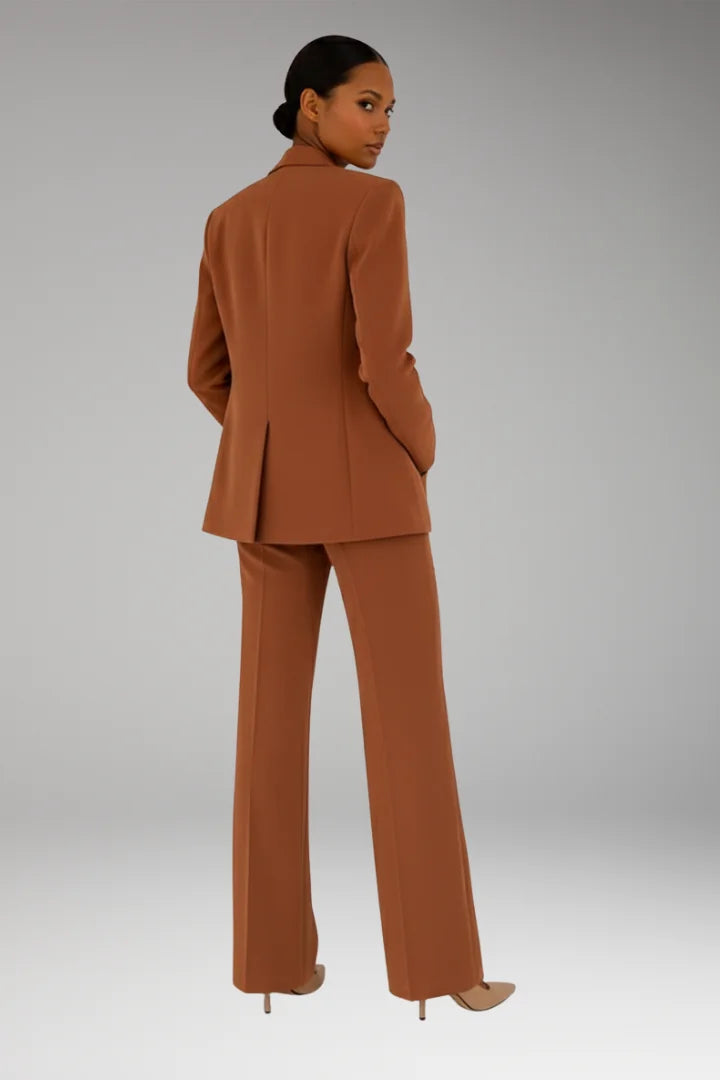 Brown Women's Straight-Leg Blazer Pantsuit — Natalia Wool-Blend One-Button Fitted - Back Full