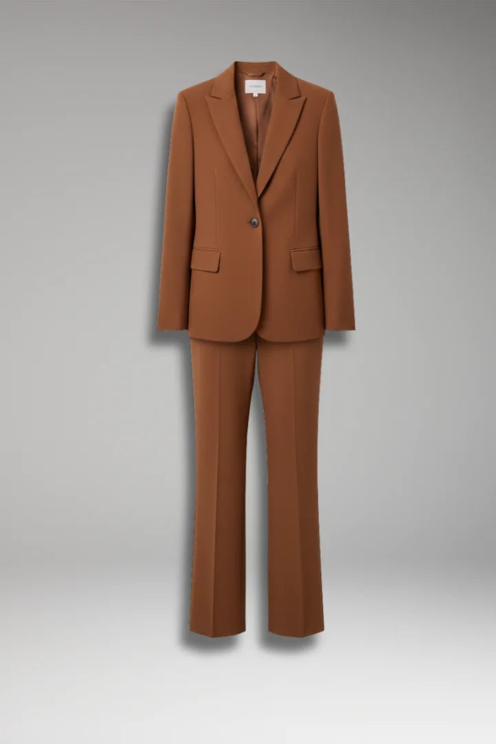 Brown Women's Straight-Leg Blazer Pantsuit — Natalia Wool-Blend One-Button Fitted - Flat Lay Front