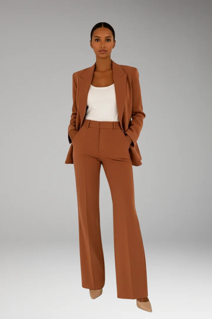 Brown Women's Straight-Leg Blazer Pantsuit — Natalia Wool-Blend One-Button Fitted - Front Full