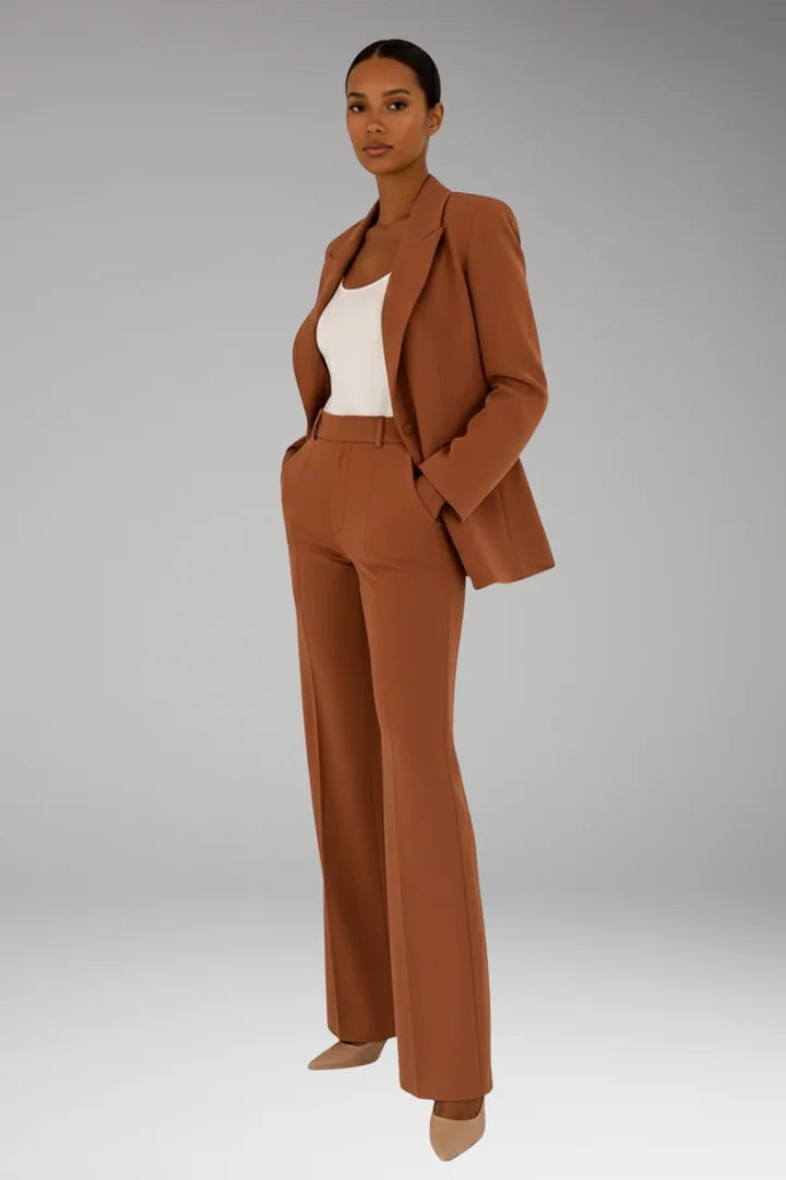 Brown Women's Straight-Leg Blazer Pantsuit — Natalia Wool-Blend One-Button Fitted - Front Side Pose