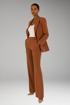 Brown Women's Straight-Leg Blazer Pantsuit — Natalia Wool-Blend One-Button Fitted - Front Side Pose