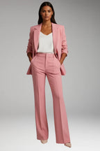 Pink Women's Straight-Leg Blazer Pantsuit — Natalia Wool-Blend One-Button Fitted - Front Full