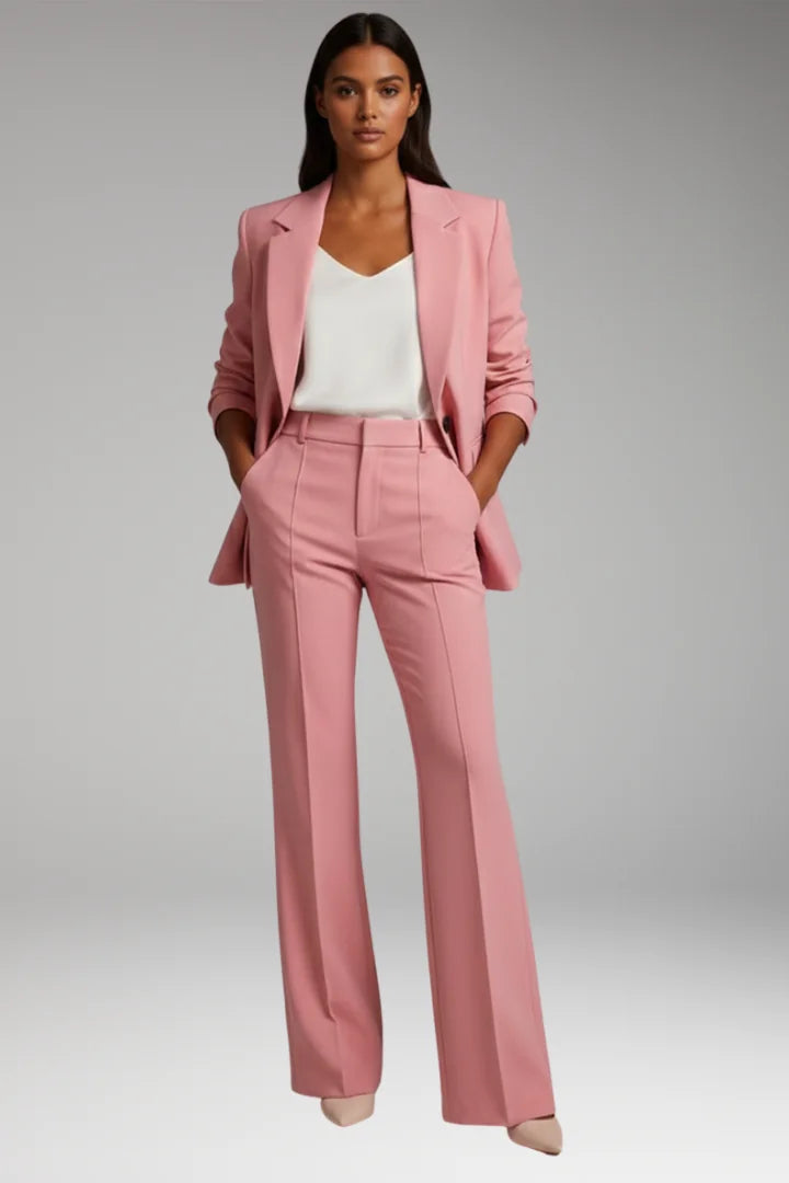 Pink Women's Straight-Leg Blazer Pantsuit — Natalia Wool-Blend One-Button Fitted - Front Full