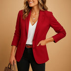 Dark Women's Tailored Blazer — Honor Button-Front Notched Lapel Long Sleeve - Red Smiling Close Up