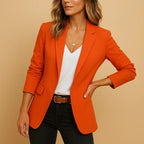 Orange Women's Tailored Blazer — Honor Button-Front Notched Lapel Long Sleeve - Close Up Torso