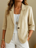 Beige Women's Tailored Blazer — Yara Lightweight Button-Front Relaxed-Fit - Front Close