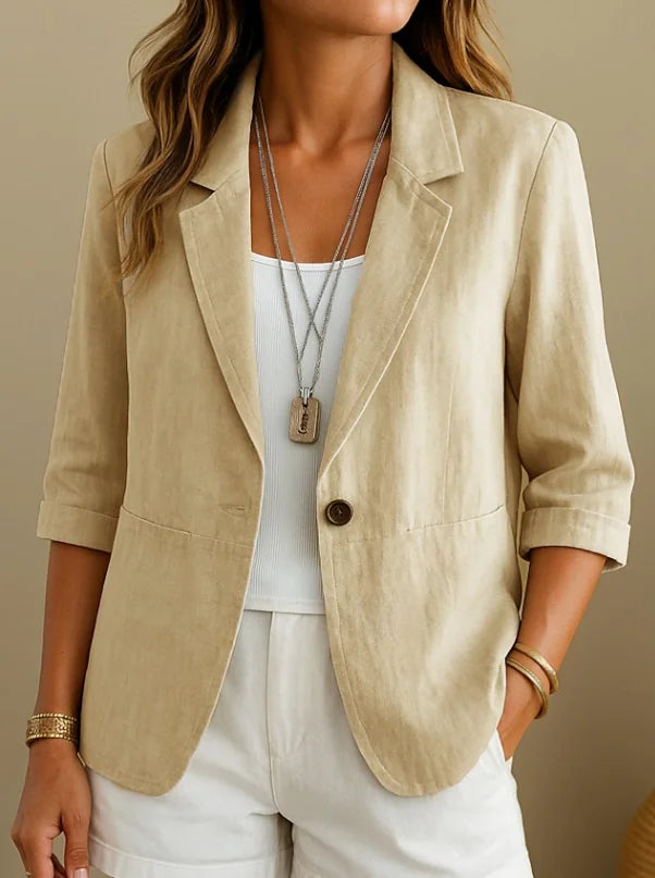 Beige Women's Tailored Blazer — Yara Lightweight Button-Front Relaxed-Fit - Front Close
