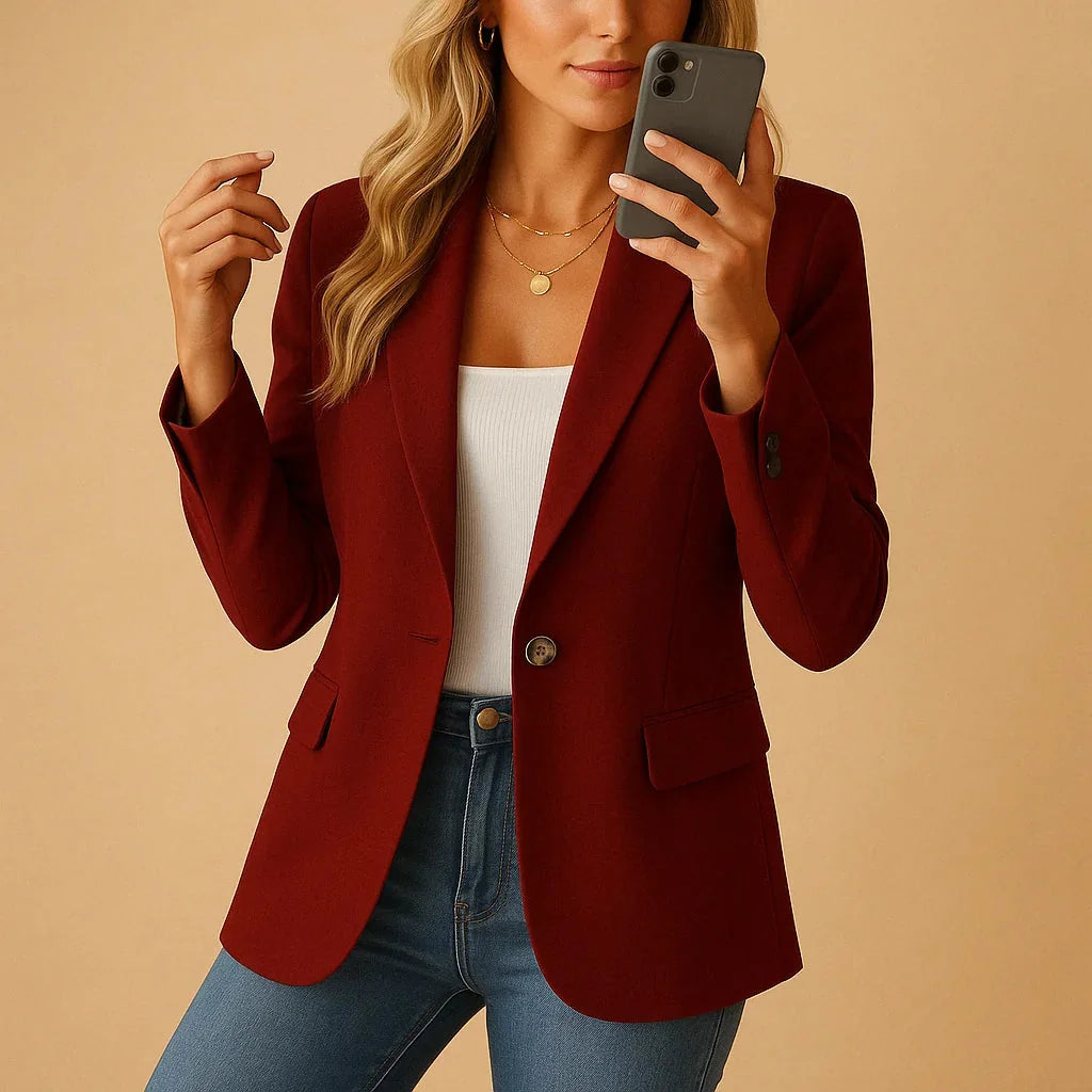 Wine Women's Tailored Blazer — Marlow Structured Single-Button Office - Phone Selfie
