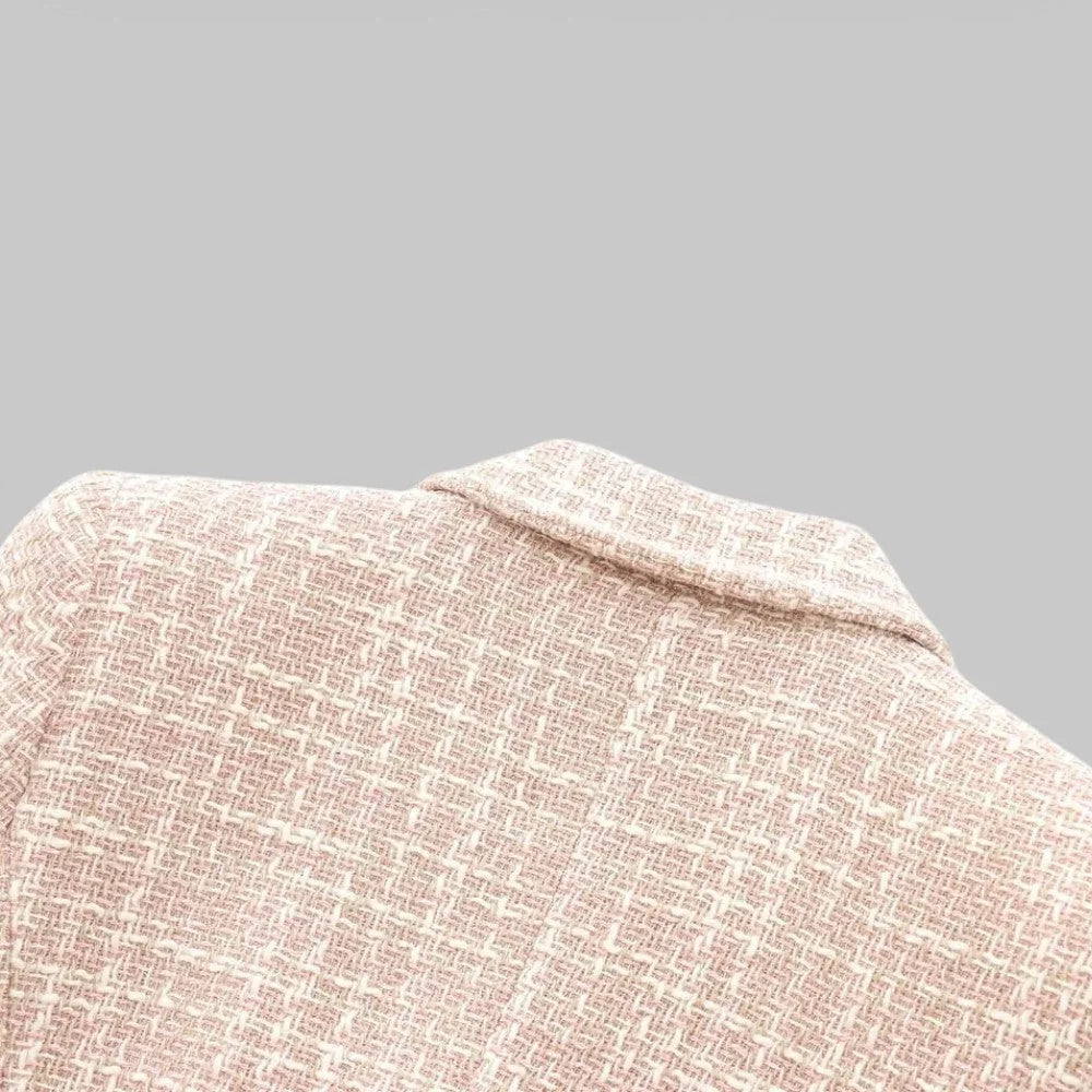 Light Pink Women's Tweed Blazer — Genevieve Tailored Double-Breasted Gold-Button - Back Collar Detail