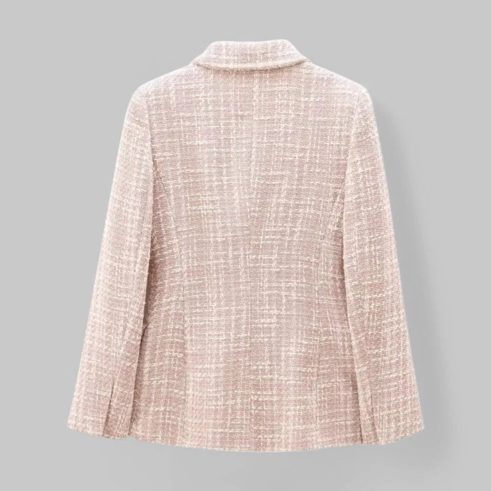 Light Pink Women's Tweed Blazer — Genevieve Tailored Double-Breasted Gold-Button - Back Full