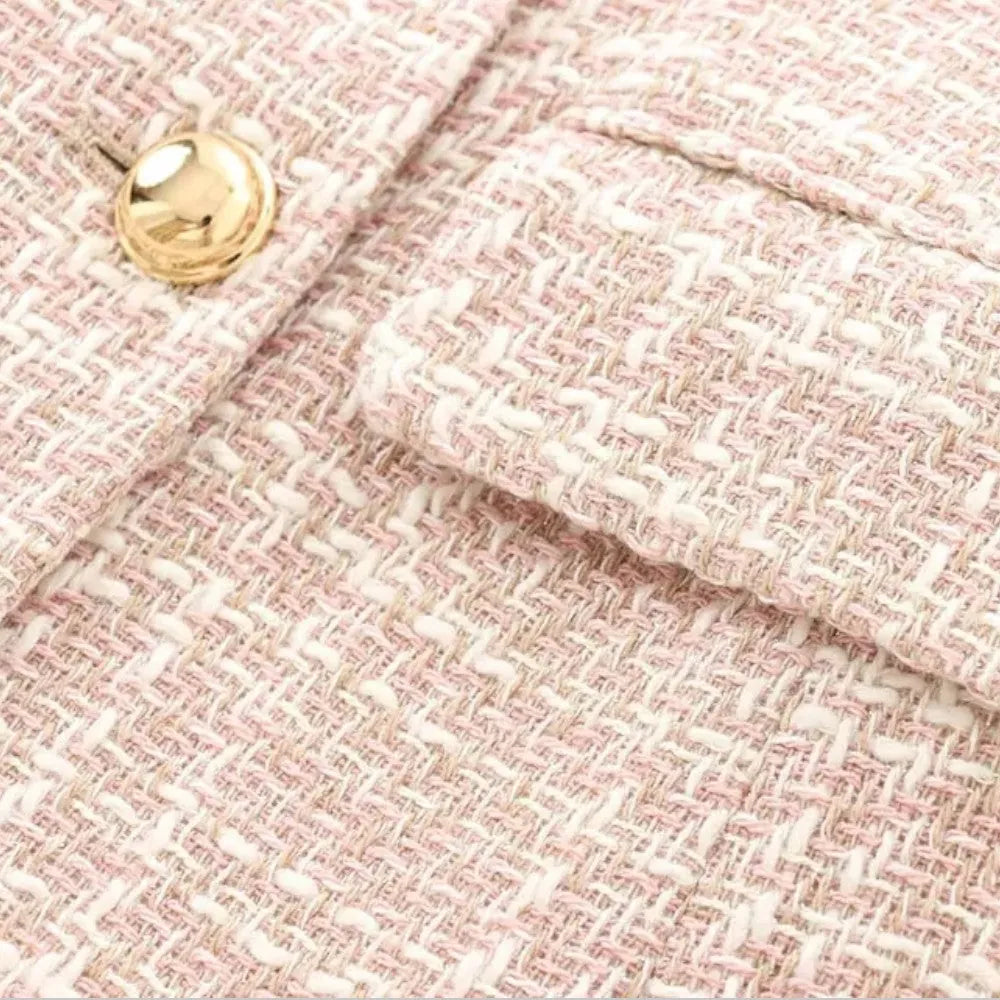 Light Pink Women's Tweed Blazer — Genevieve Tailored Double-Breasted Gold-Button - Button Fabric Detail