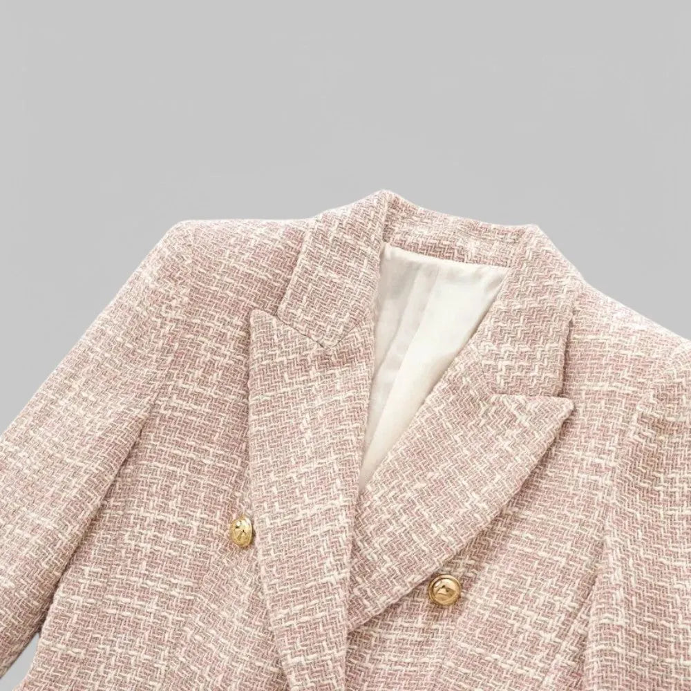 Light Pink Women's Tweed Blazer — Genevieve Tailored Double-Breasted Gold-Button - Front Collar Detail