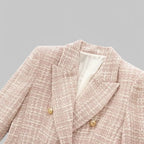 Light Pink Women's Tweed Blazer — Genevieve Tailored Double-Breasted Gold-Button - Front Collar Detail