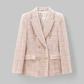 Light Pink Pink Women's Tweed Blazer — Genevieve Tailored Double-Breasted Gold-Button - Front Full