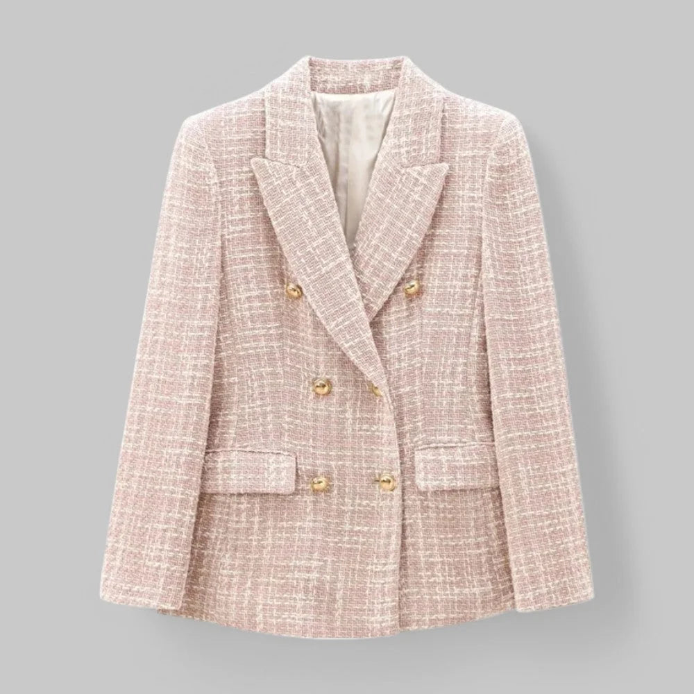 Light Pink Pink Women's Tweed Blazer — Genevieve Tailored Double-Breasted Gold-Button - Front Full