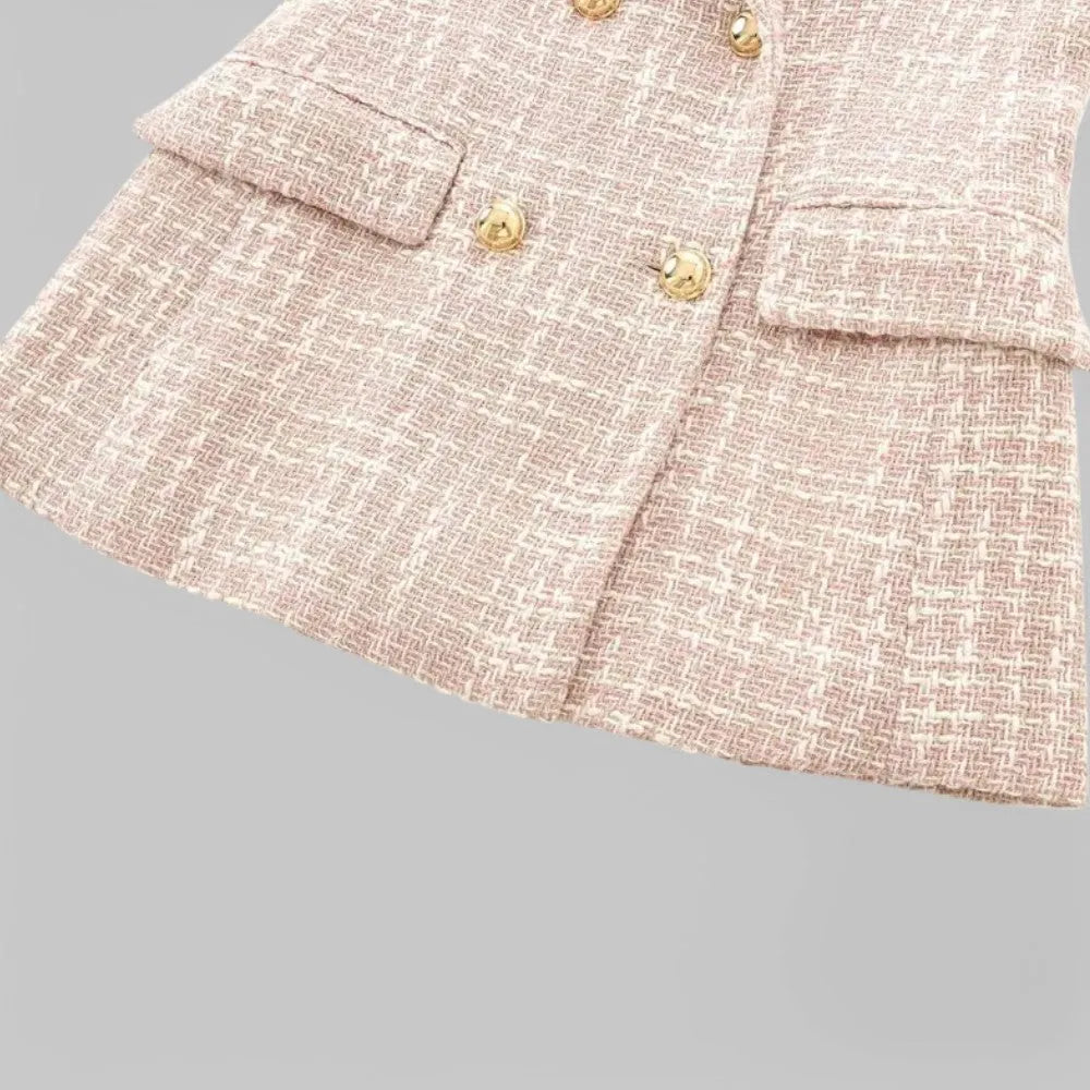 Light Pink Women's Tweed Blazer — Genevieve Tailored Double-Breasted Gold-Button - Front Hem Detail