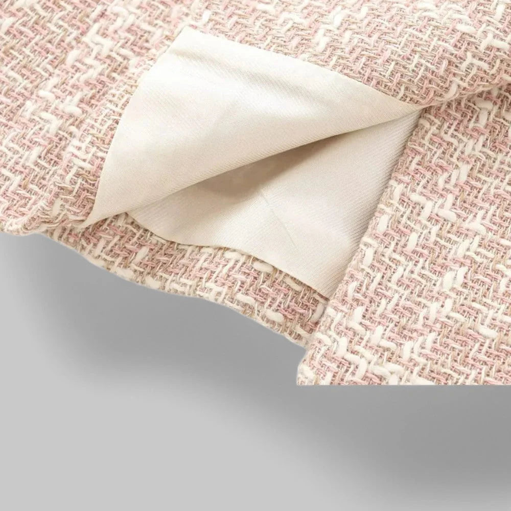 Light Pink Women's Tweed Blazer — Genevieve Tailored Double-Breasted Gold-Button - Lining Detail