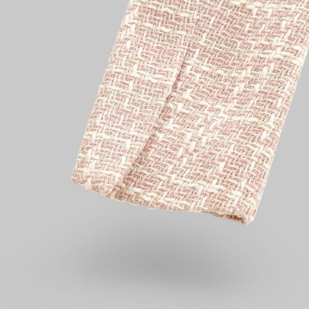 Light Pink Women's Tweed Blazer — Genevieve Tailored Double-Breasted Gold-Button - Sleeve Cuff Detail