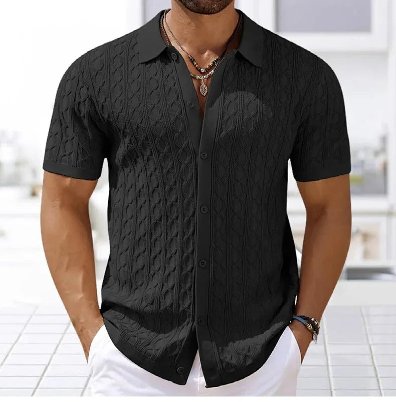 Black Men's Textured Knit Polo Shirt — Ethan Button-Down Cable Short Sleeve - Front Close Up