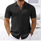 Black Men's Textured Knit Polo Shirt — Ethan Button-Down Cable Short Sleeve - Front Close Up